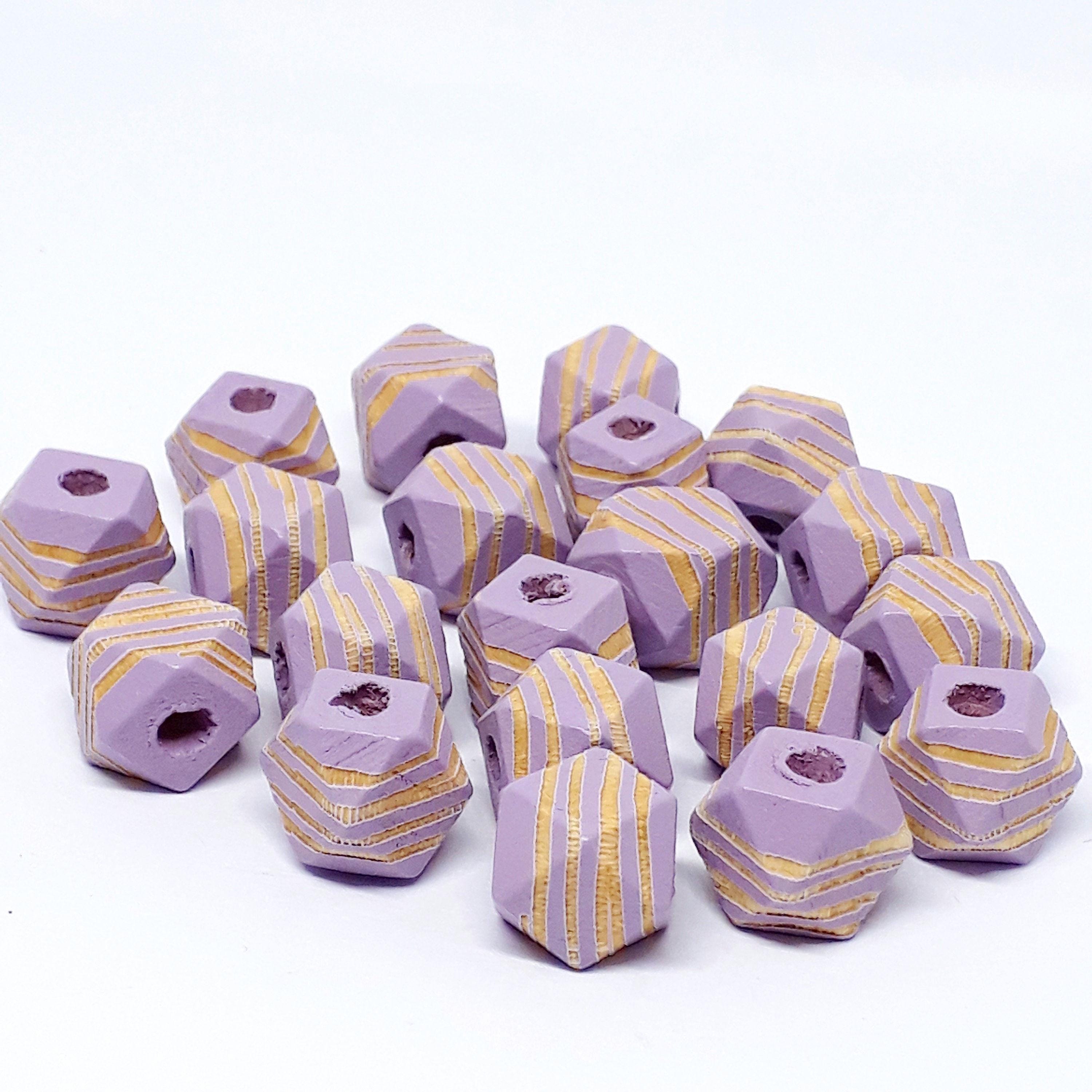 Purple Striped Carved Wood Polygon 10x10mm - 5pcs