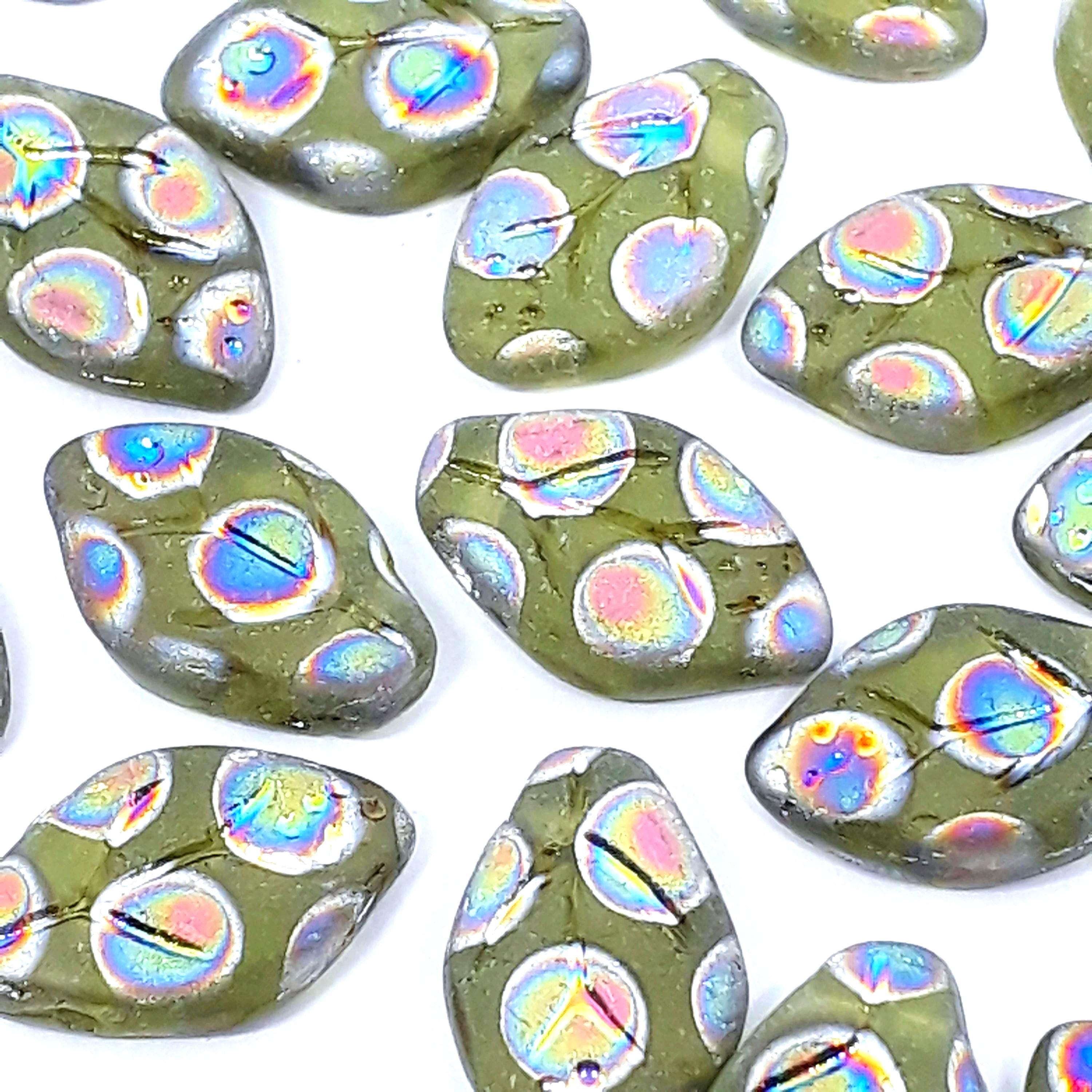 Matte Green Peacock Czech Glass Leaf 12x7mm - 20pcs