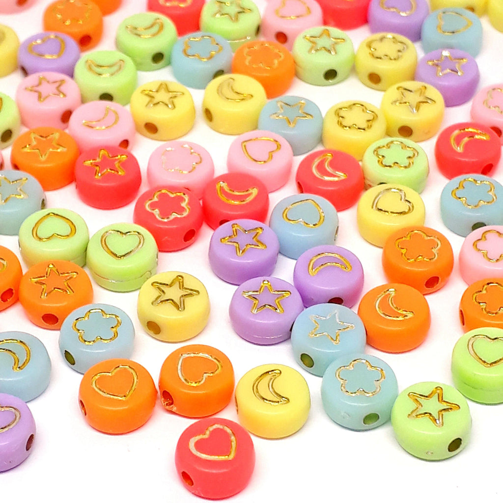 Heart/Moon/Star/Flower Mixed Colour Round Acrylic 7mm - 100pcs