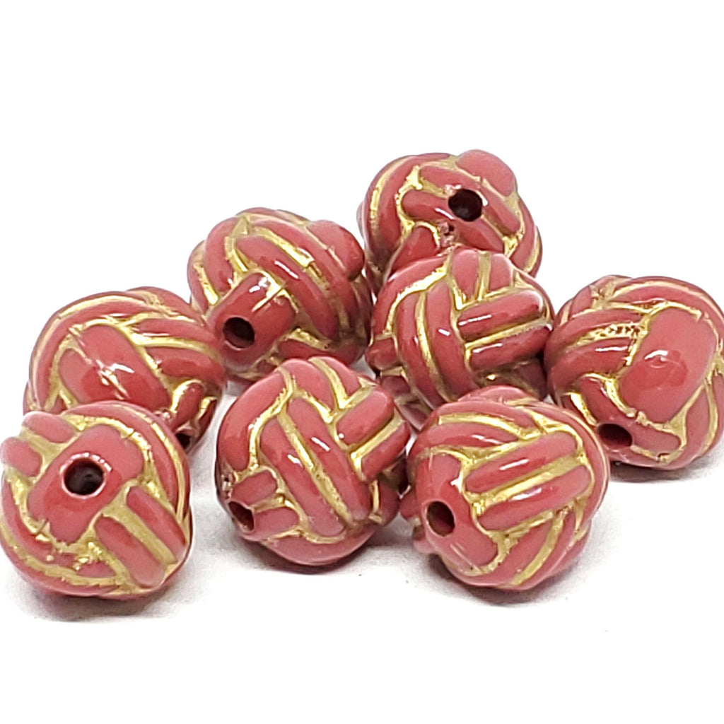 Coral Red & Gold Resin Rope Knot 11mm - 2pcs