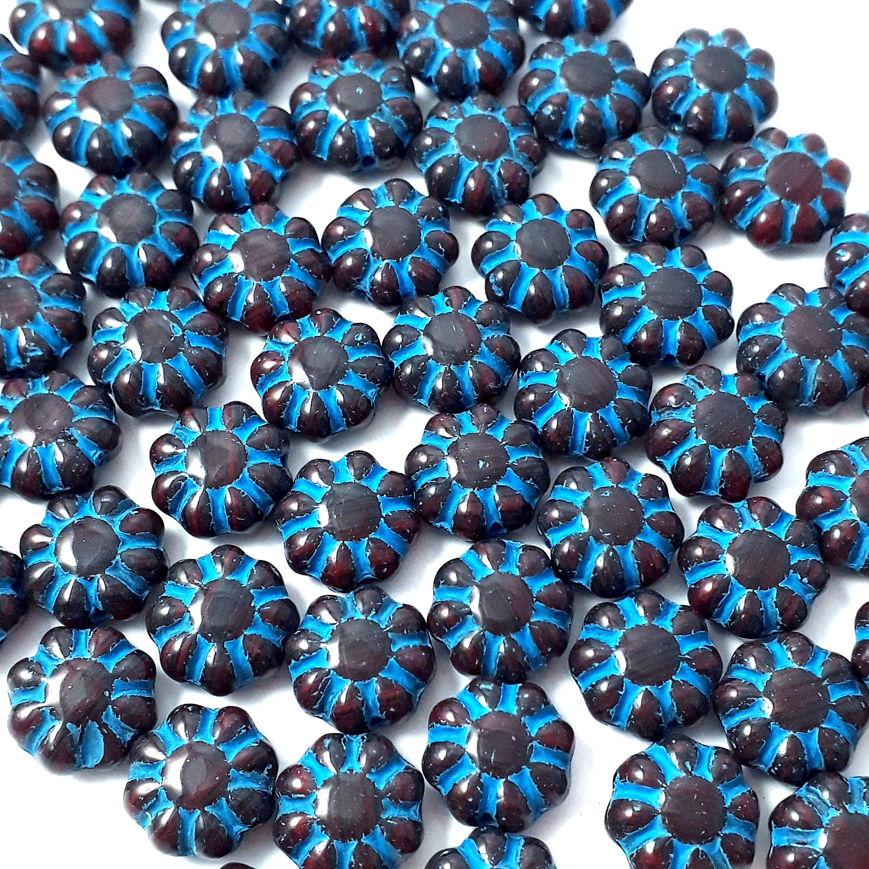 Black & Blue Lined Czech Glass Hawaiian Flower 9mm - 10pcs