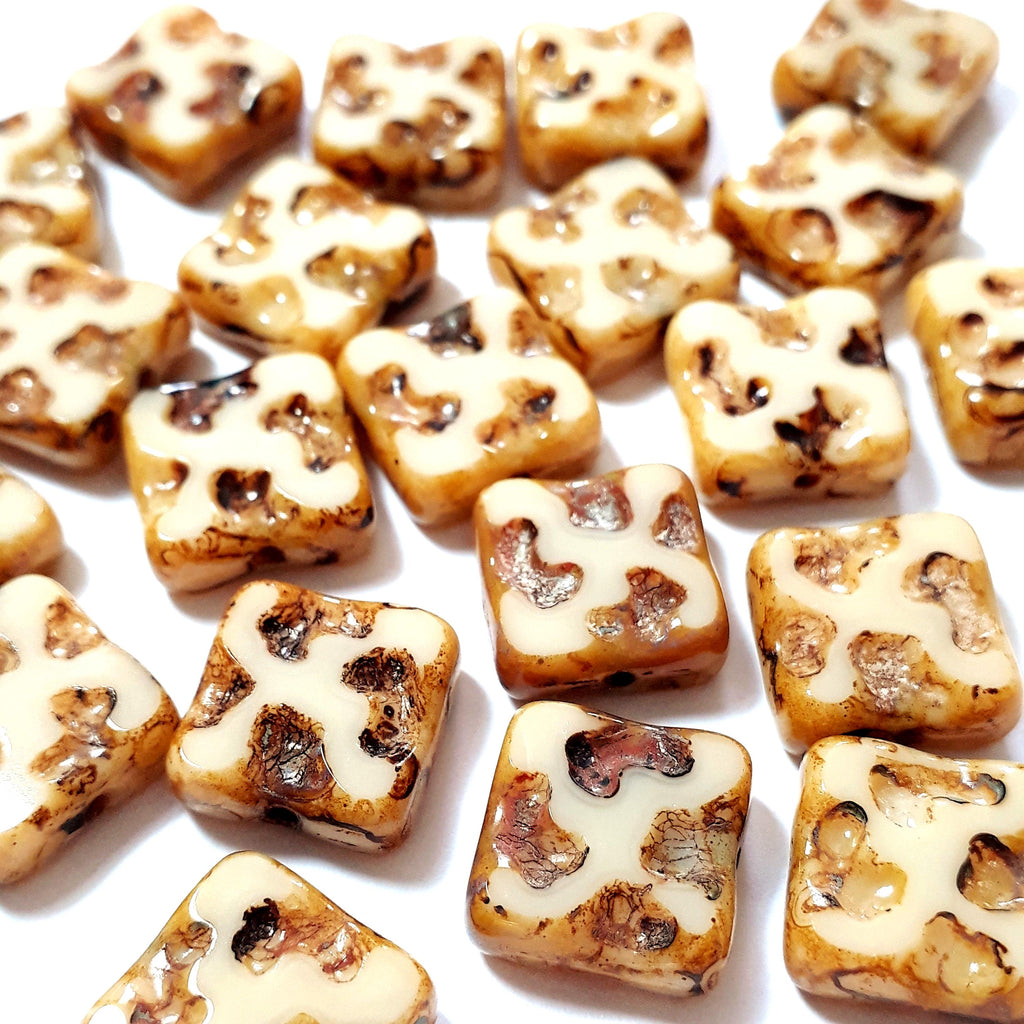 Flat Square Cream & Brown Table Cut Czech Glass 10mm - 6pcs