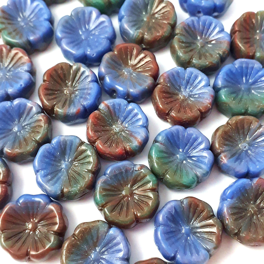 Red, Green & Blue Hawaiian Flower Czech Glass 14mm - 6pcs