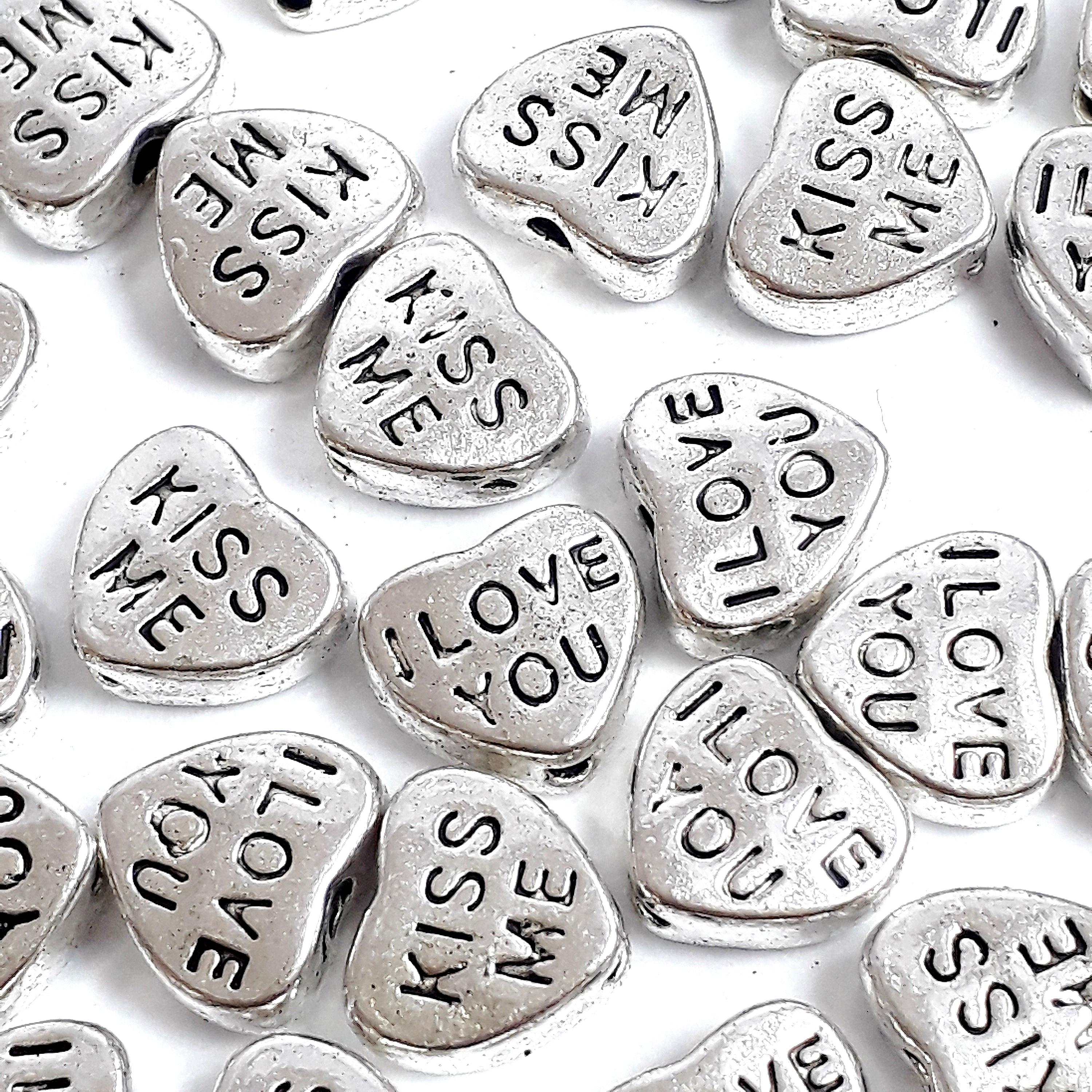 'I Love You' & 'Kiss Me' Heart Antique Silver 8x7mm - 20pcs