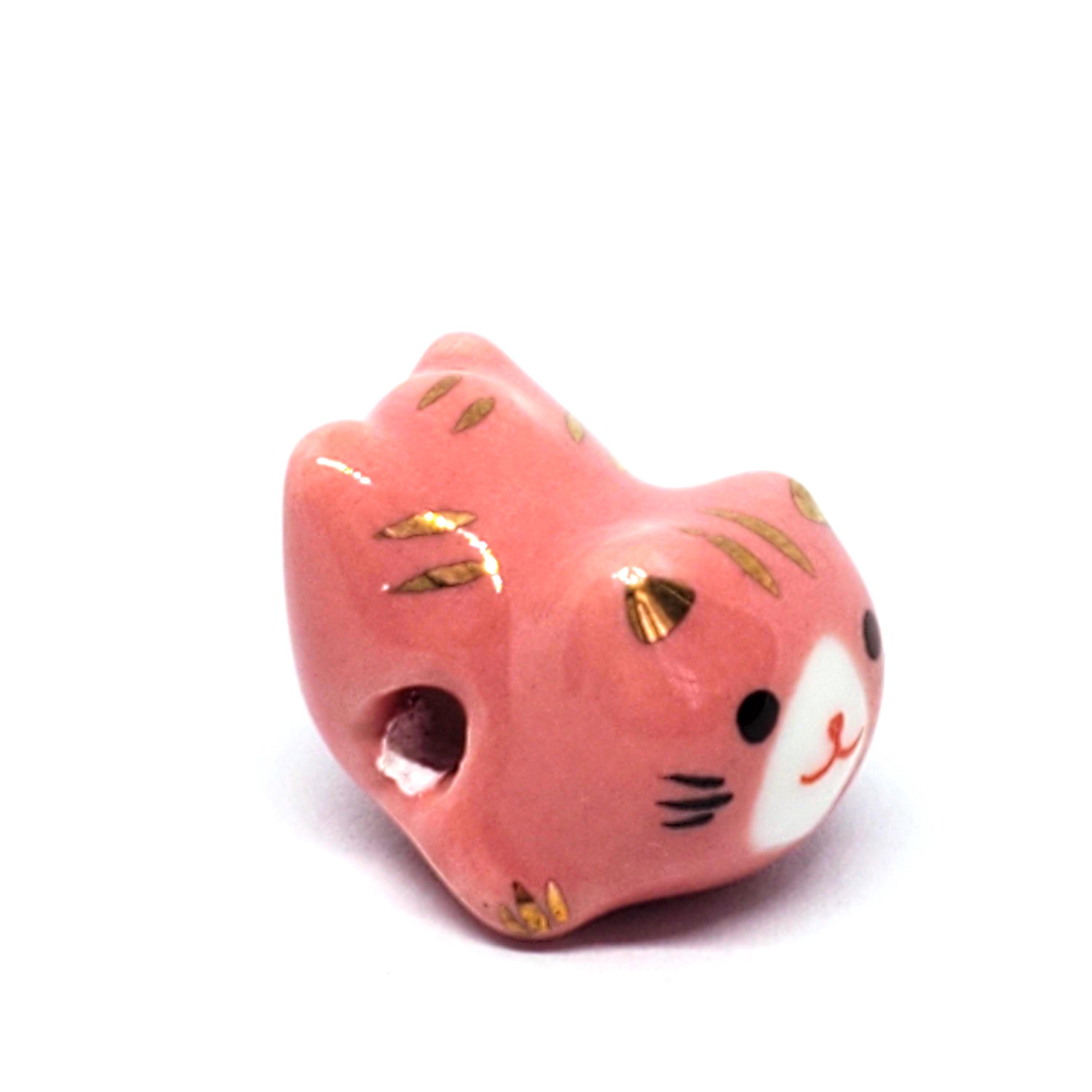 Chinese Cat Ceramic Pink & Gold 16x13mm - 1pc