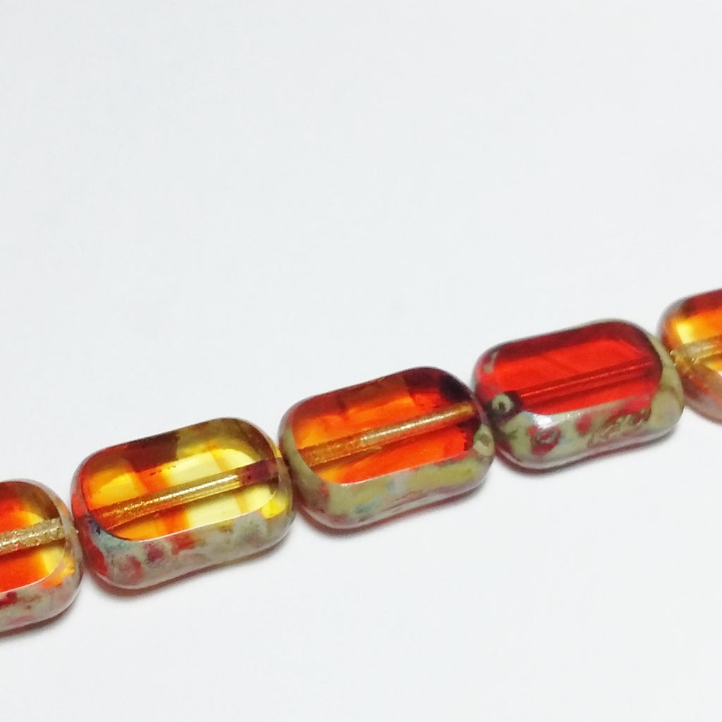 Orange & Yellow Czech Glass Rectangle 12x9mm - 6pcs
