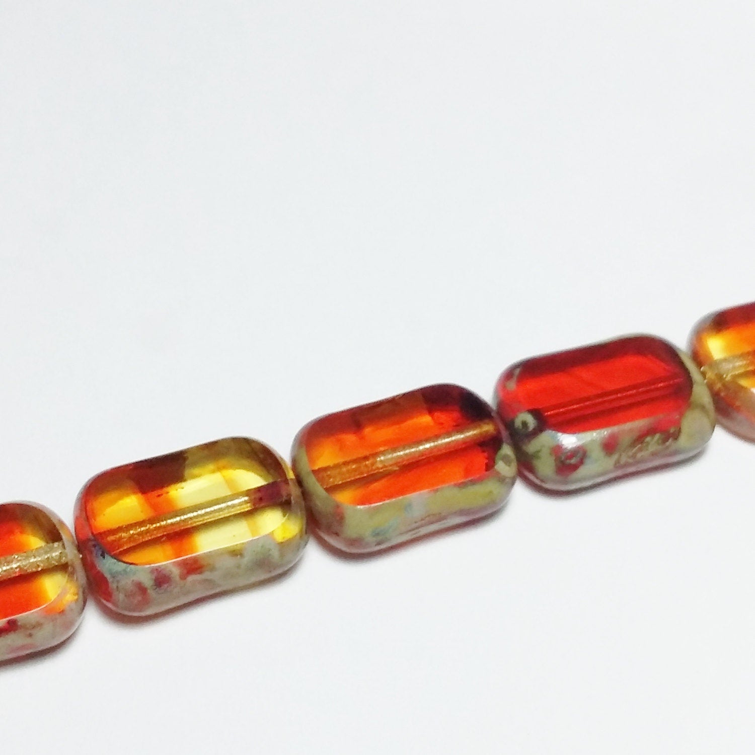 Orange & Yellow Czech Glass Rectangle 12x9mm - 6pcs