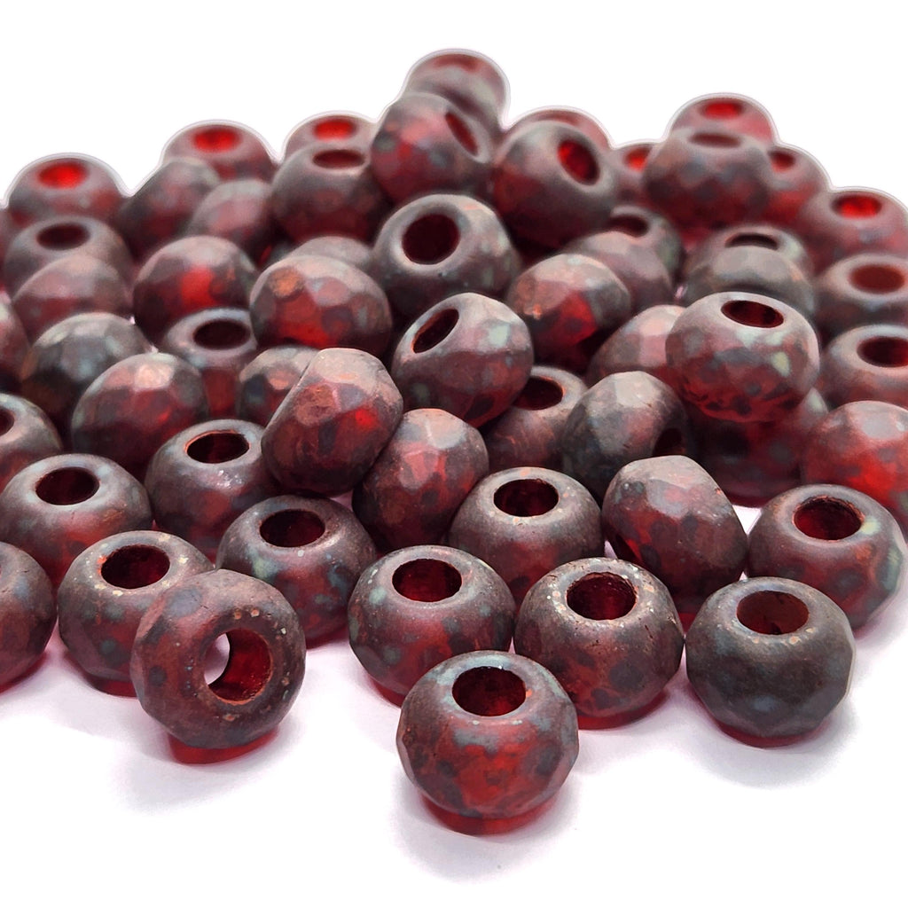 6pcs Matte Dark Red Picasso Czech Glass Donut Beads 12x8mm - GB1028