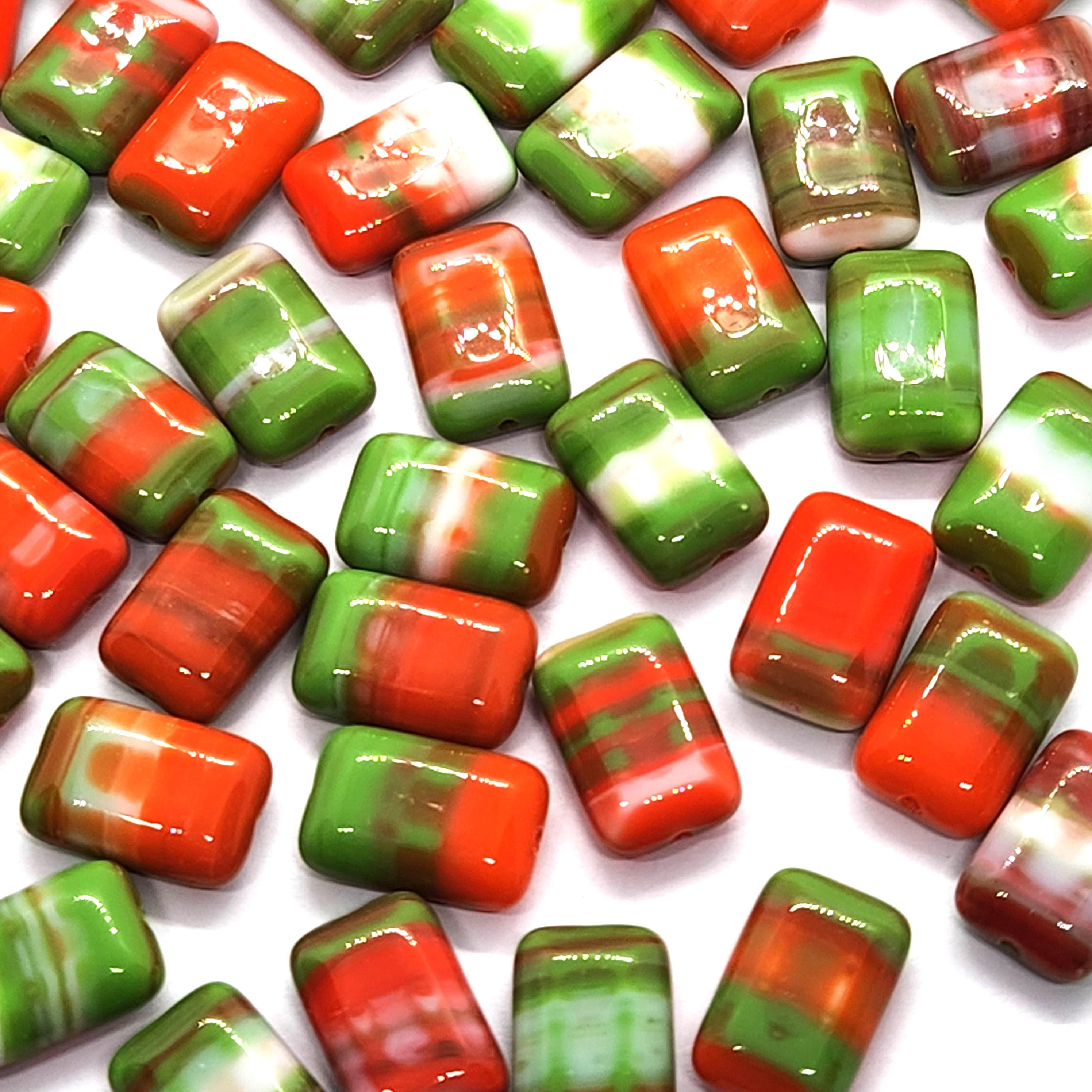 10pcs Red, Green & White Flat Rectangle Czech Glass Beads 12x8mm - BB1016