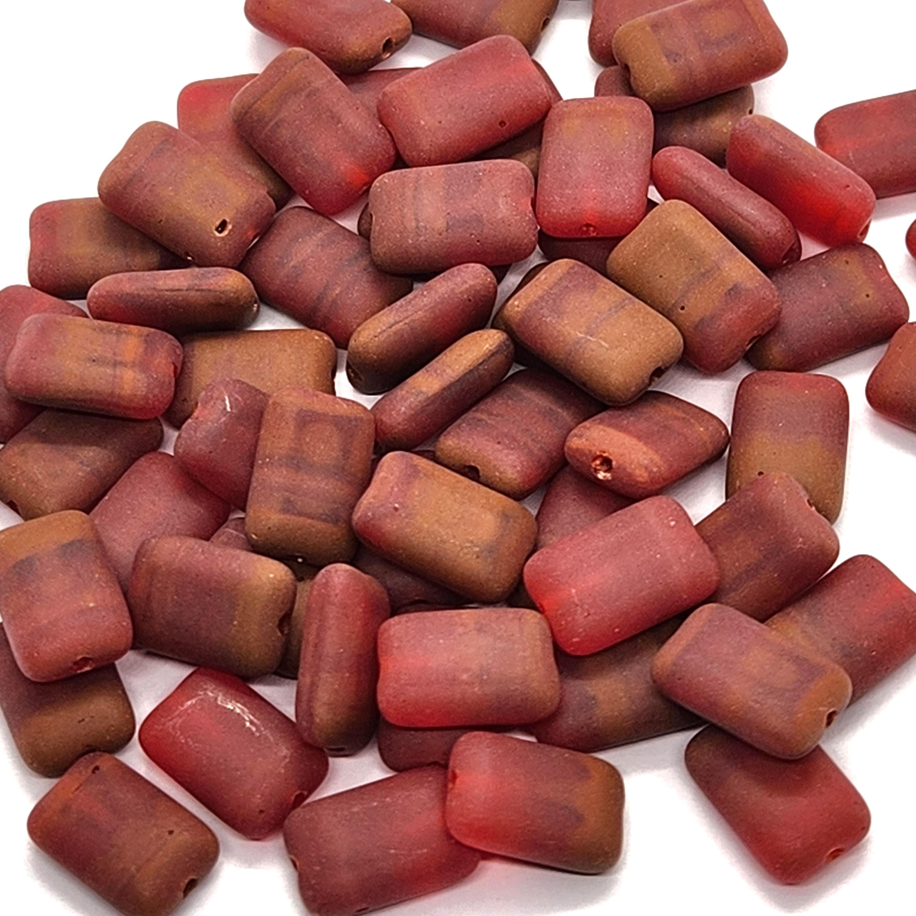 10pcs Matte Red & Brown Flat Rectangle Czech Glass Beads 12x8mm - BB1011