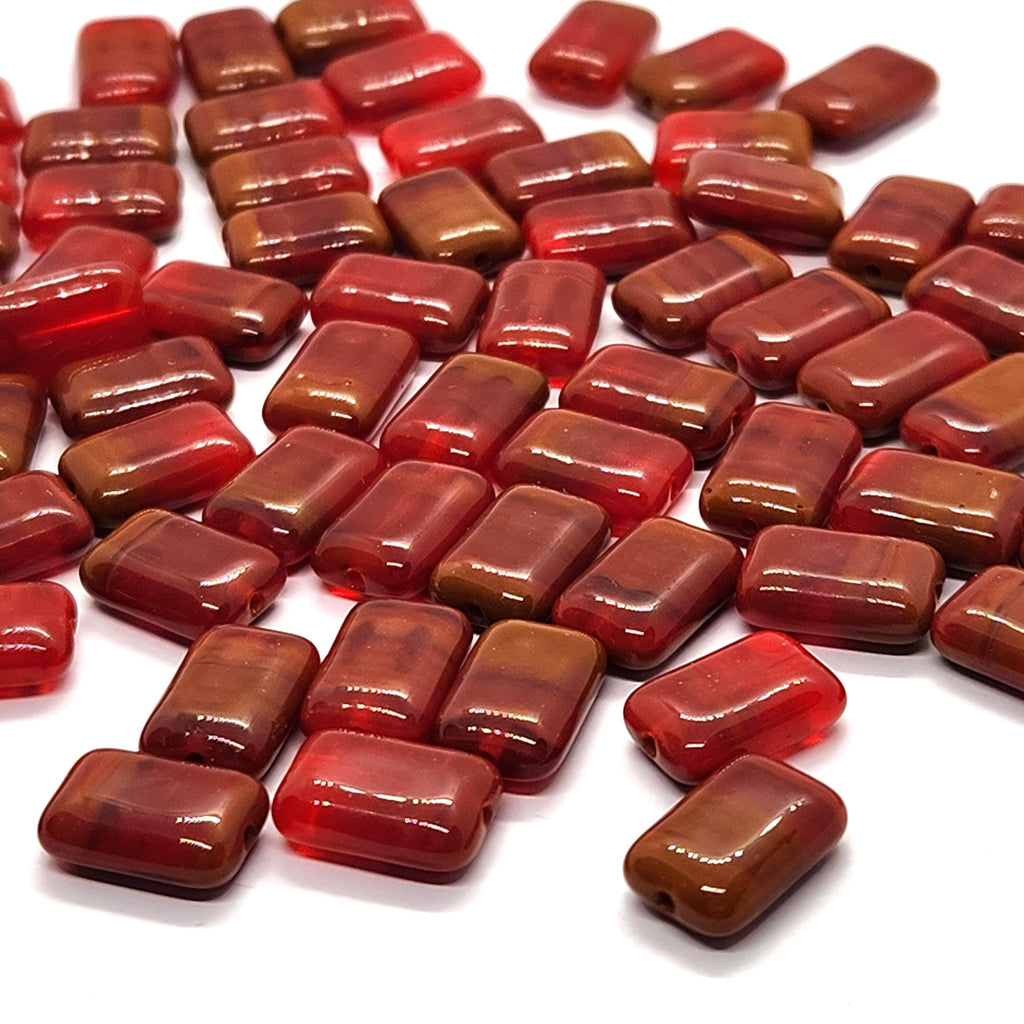 10pcs Red & Brown Flat Rectangle Czech Glass Beads 12x8mm - BB1010
