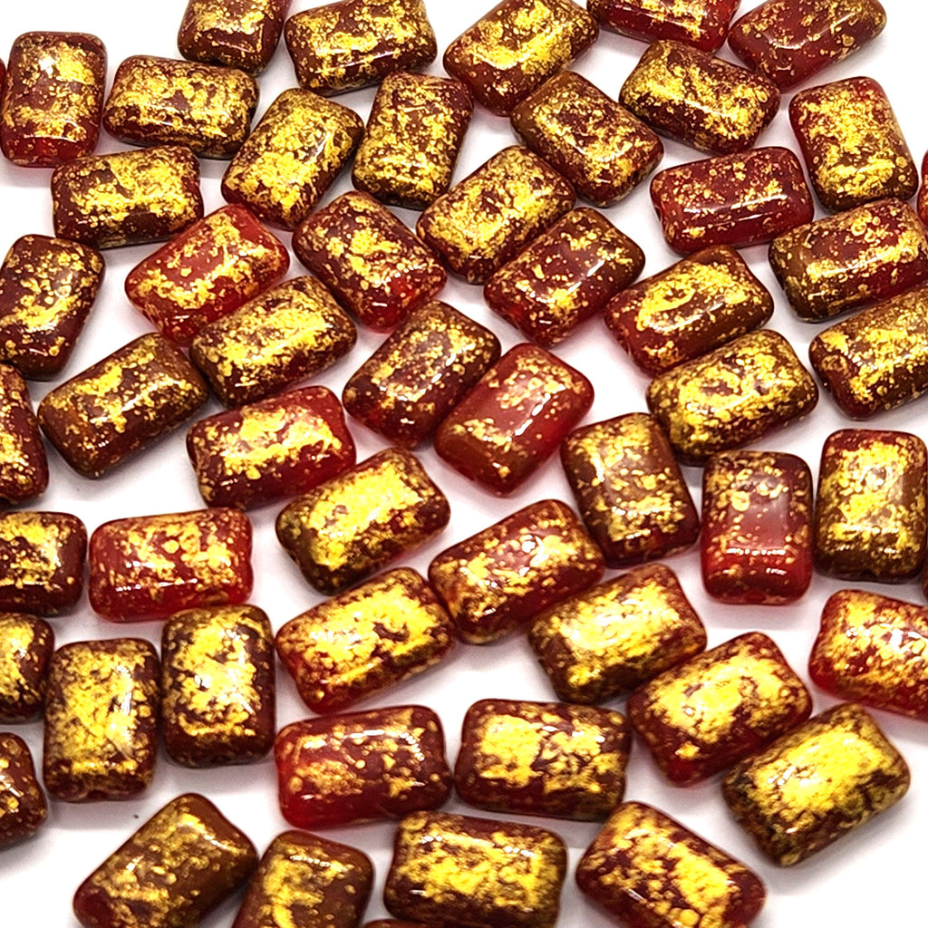 10pcs Red & Gold Flat Rectangle Czech Glass Beads 12x8mm - BB1008