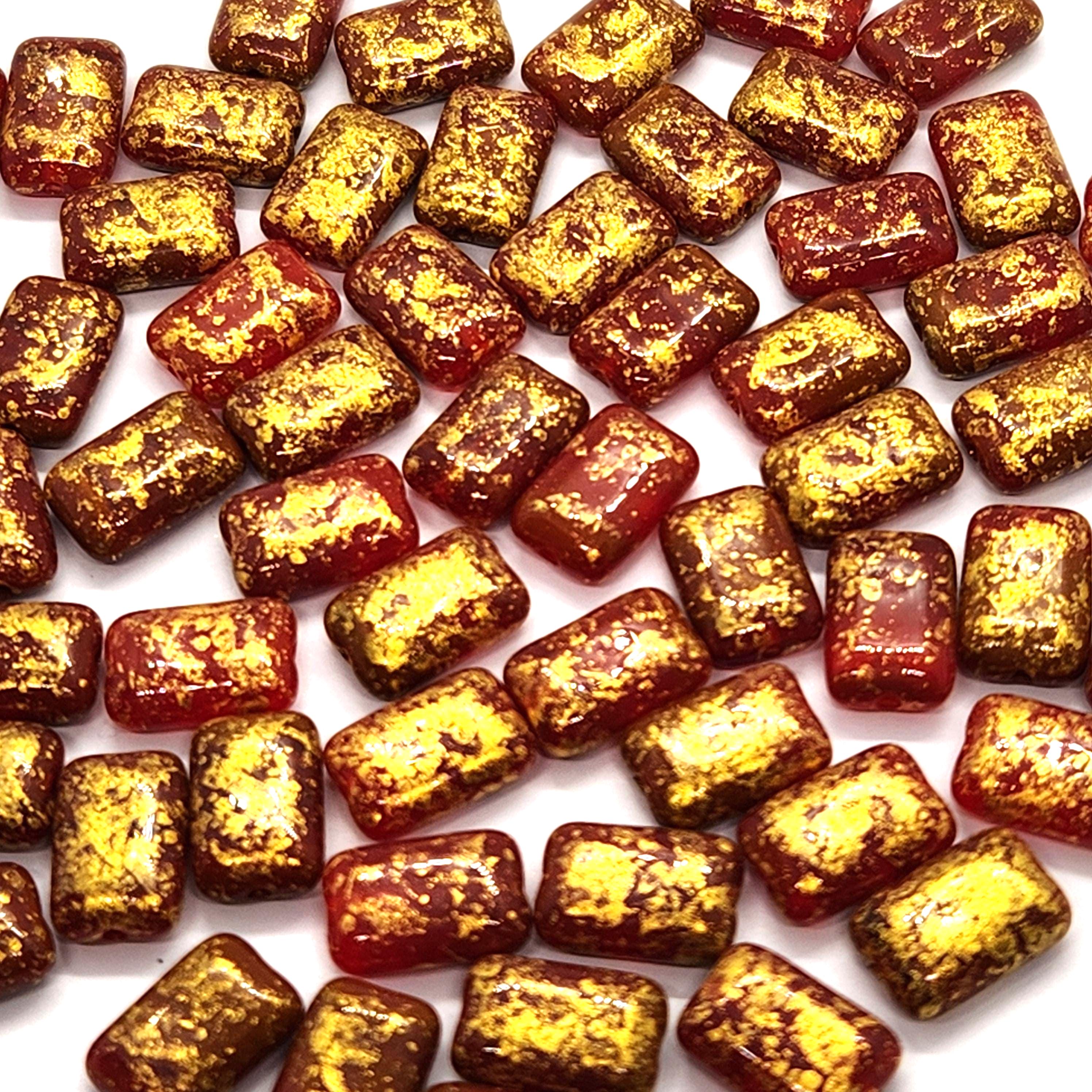 10pcs Red & Gold Flat Rectangle Czech Glass Beads 12x8mm - BB1008