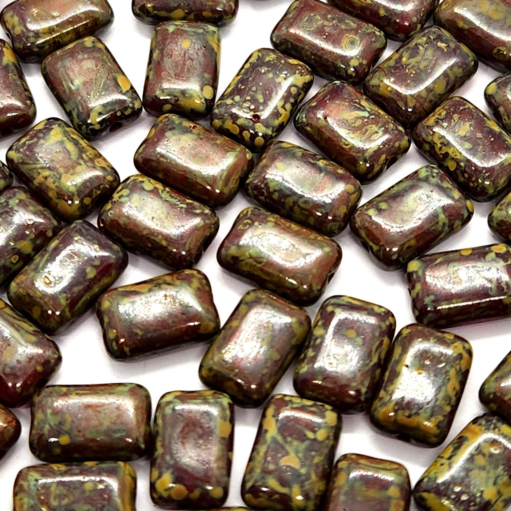 10pcs Dark Red Picasso Flat Rectangle Czech Glass Beads 12x8mm - BB1005