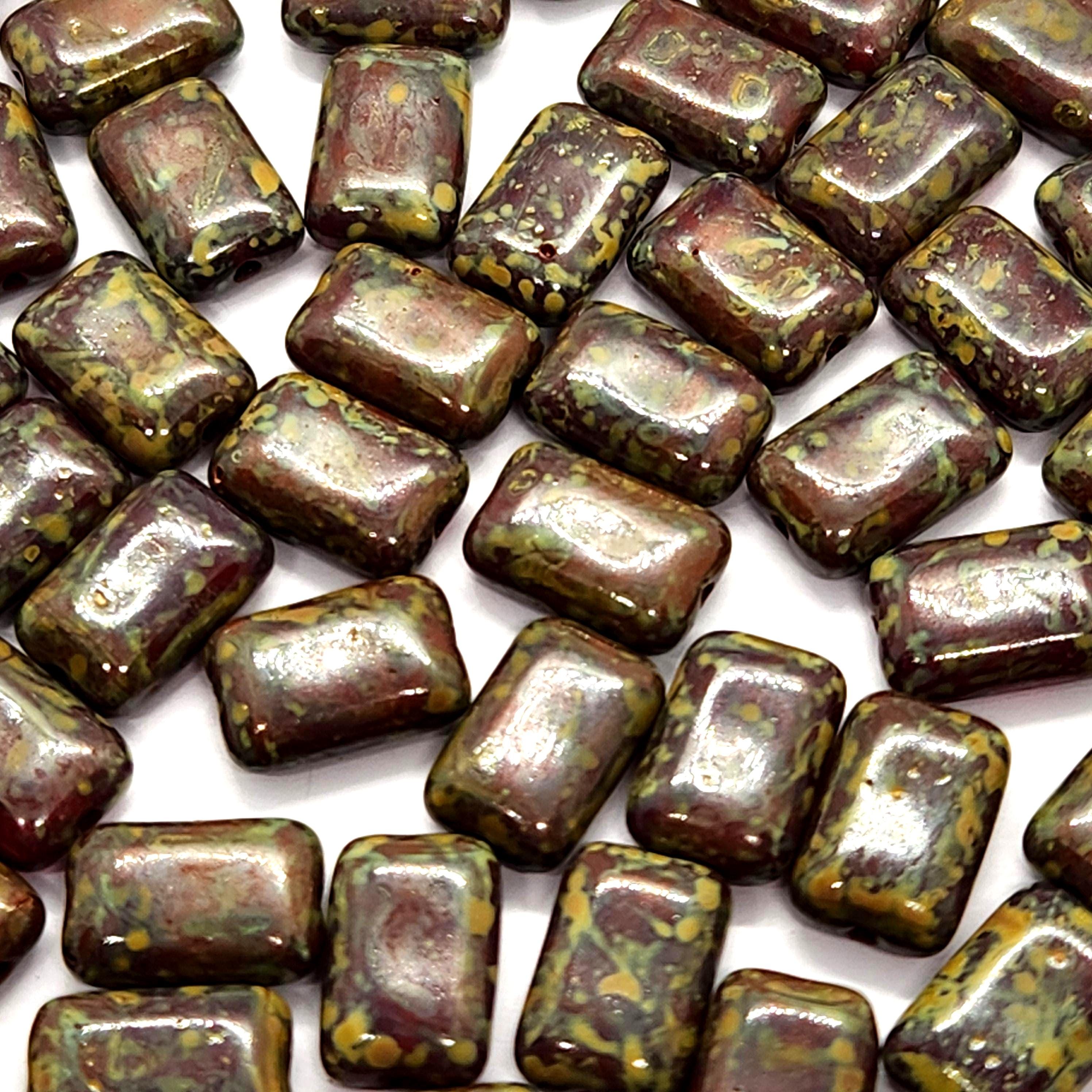 10pcs Dark Red Picasso Flat Rectangle Czech Glass Beads 12x8mm - BB1005