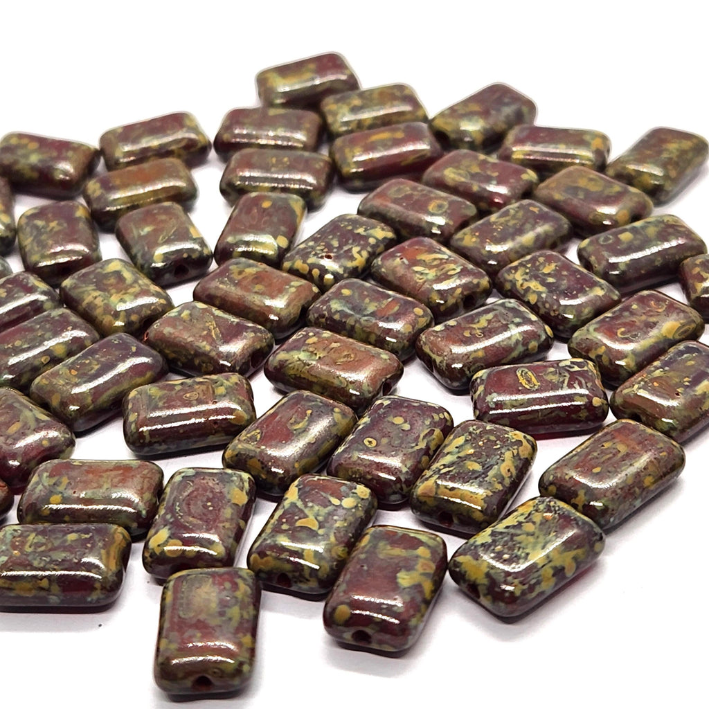 10pcs Dark Red Picasso Flat Rectangle Czech Glass Beads 12x8mm - BB1005