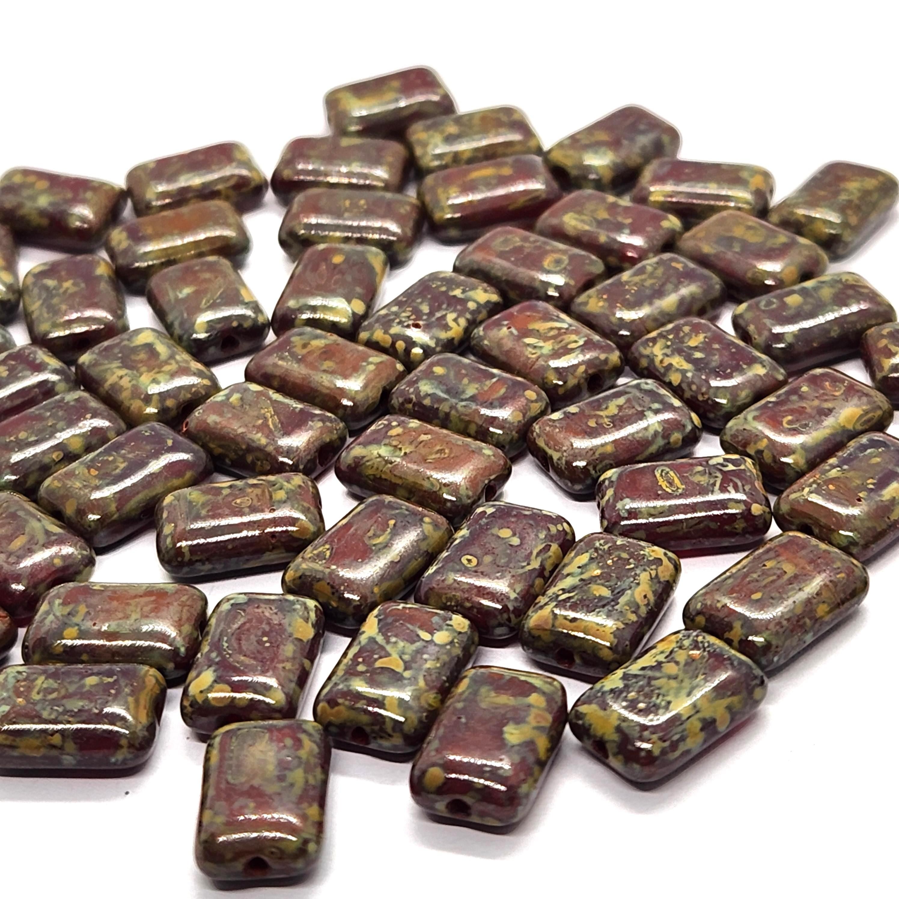 10pcs Dark Red Picasso Flat Rectangle Czech Glass Beads 12x8mm - BB1005