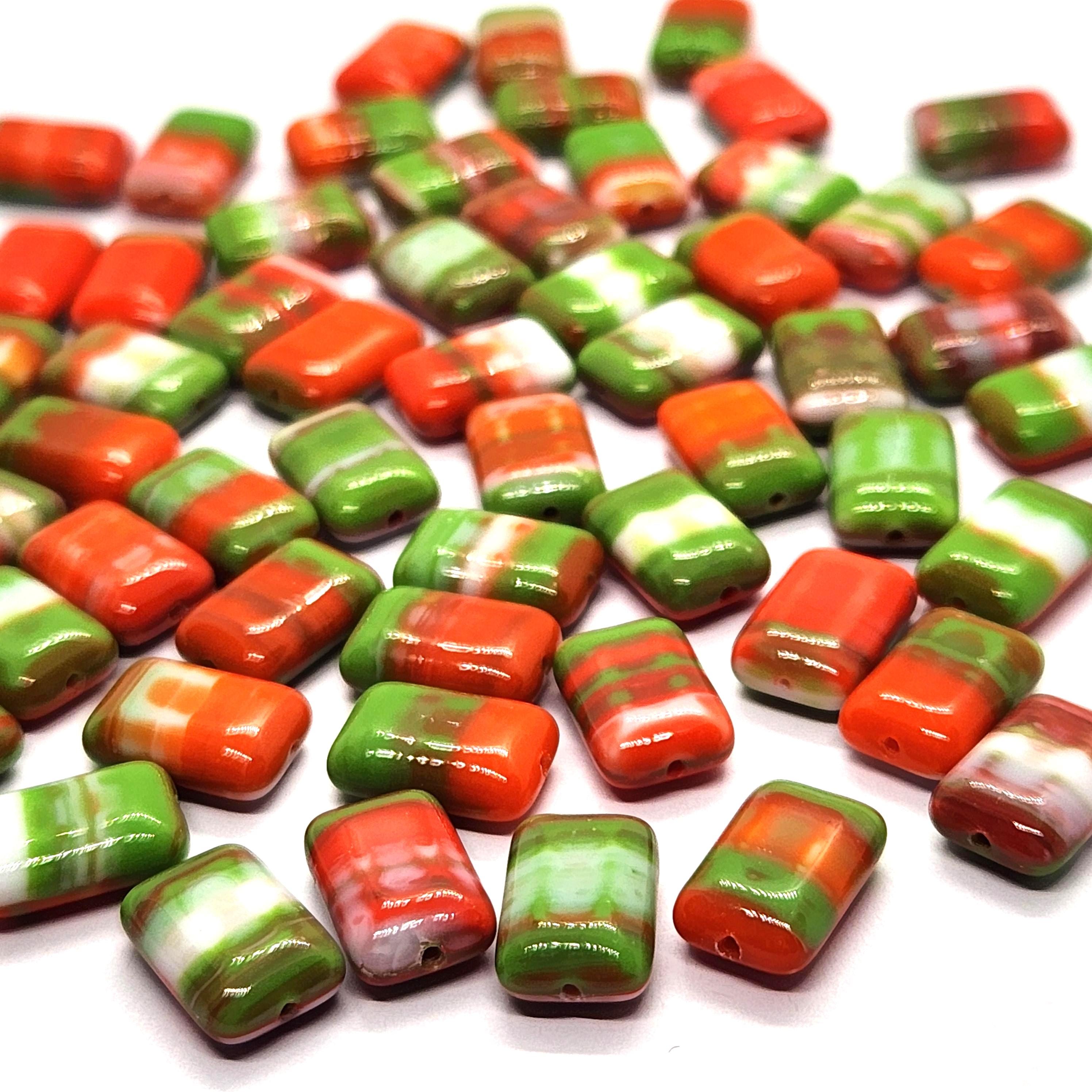 10pcs Red, Green & White Flat Rectangle Czech Glass Beads 12x8mm - BB1016