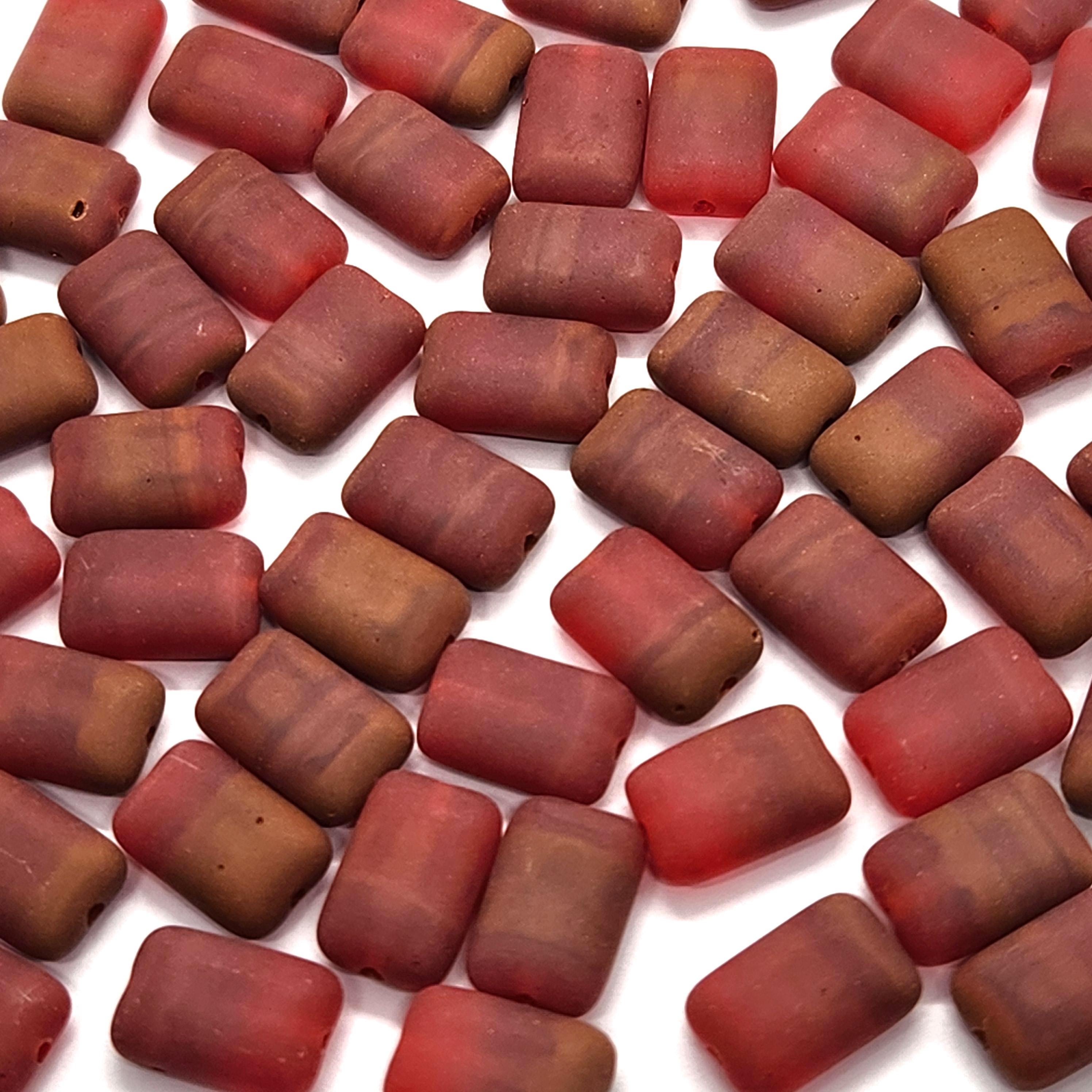 10pcs Matte Red & Brown Flat Rectangle Czech Glass Beads 12x8mm - BB1011