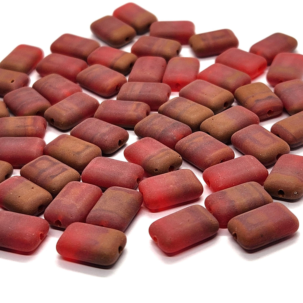 10pcs Matte Red & Brown Flat Rectangle Czech Glass Beads 12x8mm - BB1011