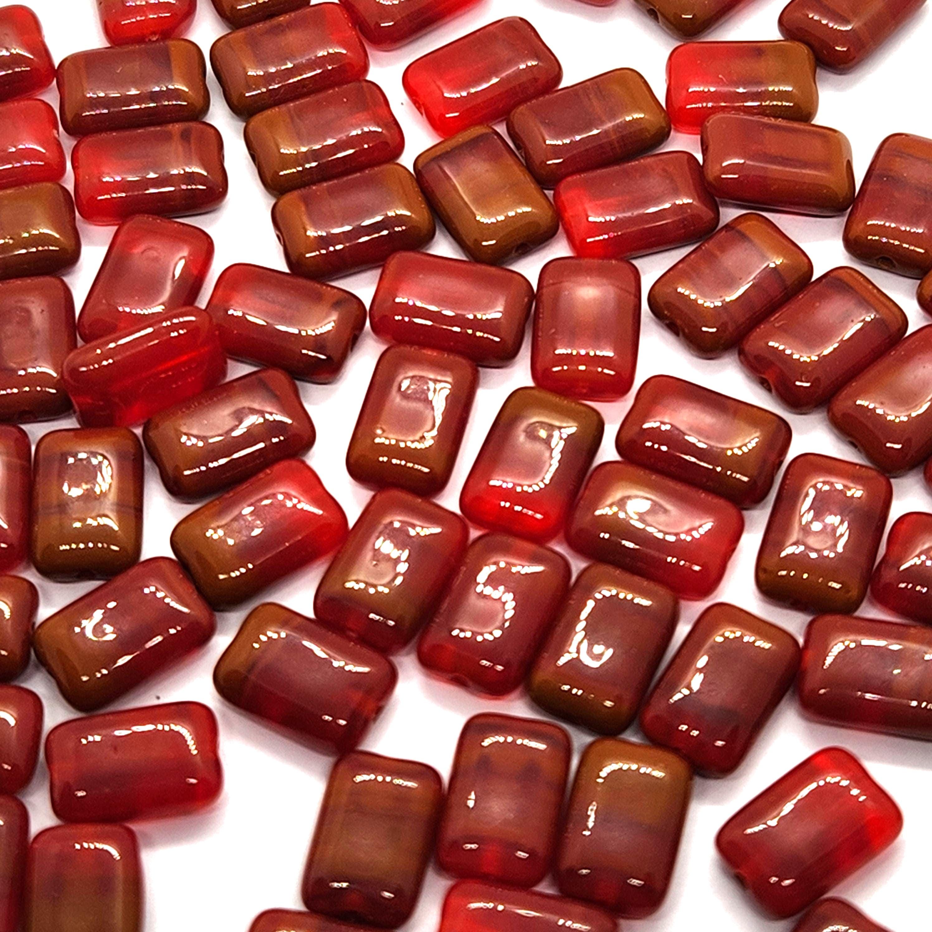 10pcs Red & Brown Flat Rectangle Czech Glass Beads 12x8mm - BB1010