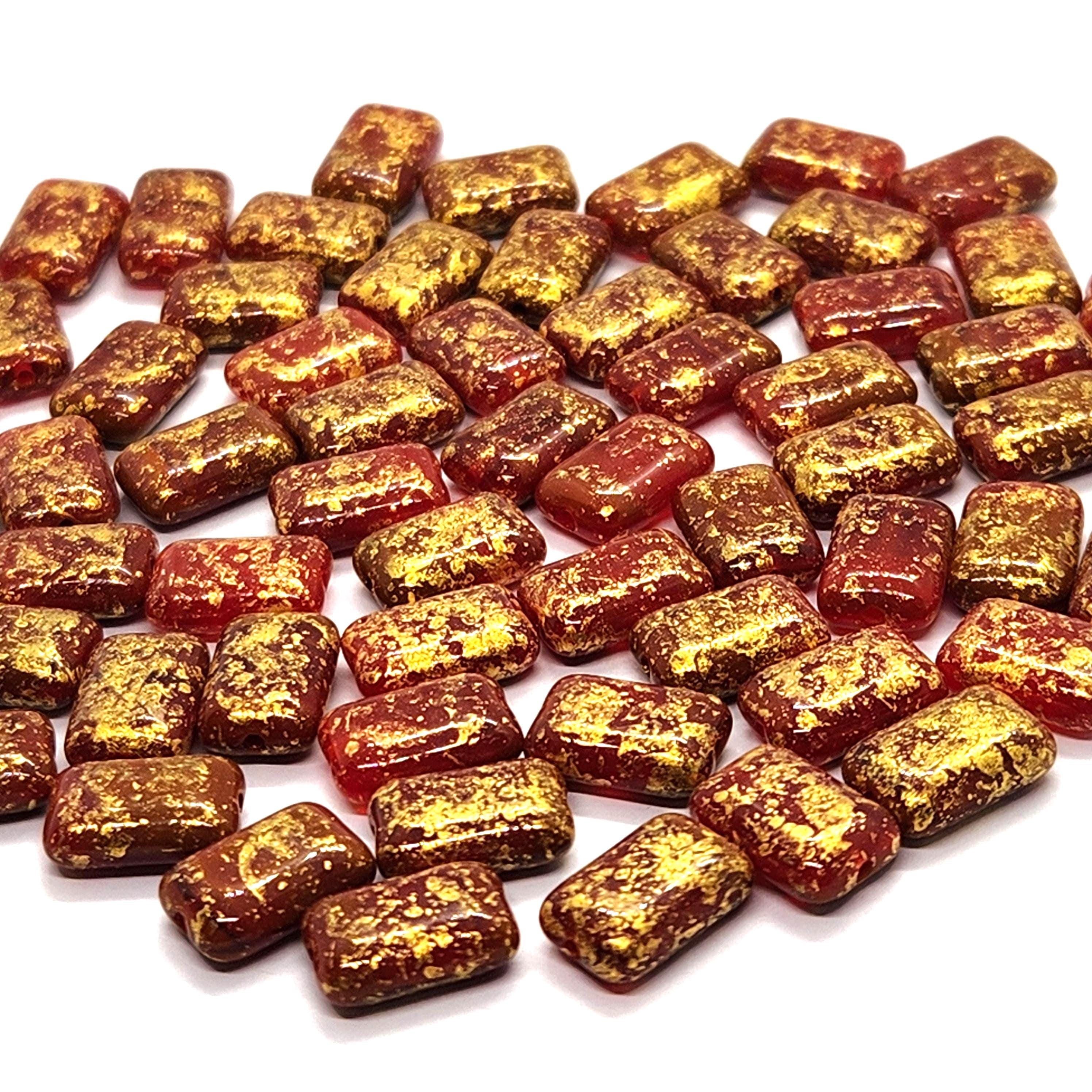 10pcs Red & Gold Flat Rectangle Czech Glass Beads 12x8mm - BB1008