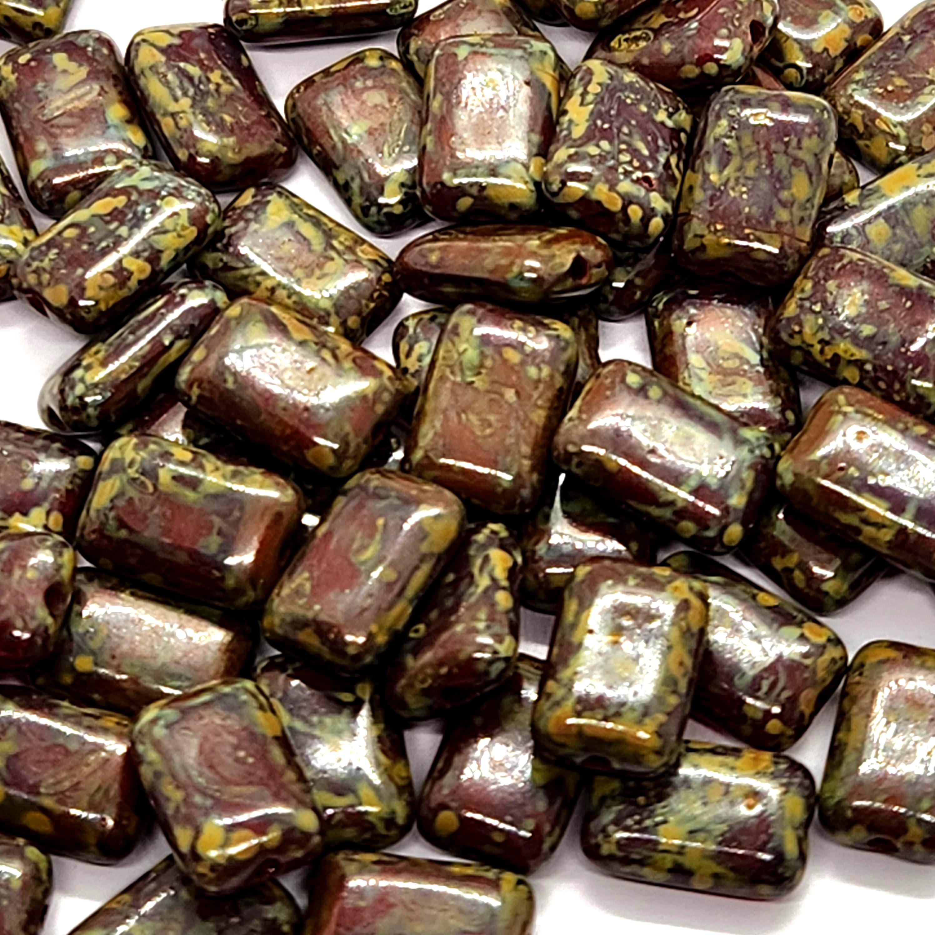 10pcs Dark Red Picasso Flat Rectangle Czech Glass Beads 12x8mm - BB1005